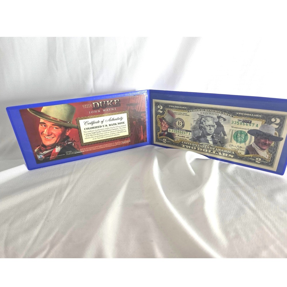 John Wayne The Duke Colorized 2 Dollar Bill COA Display Folio